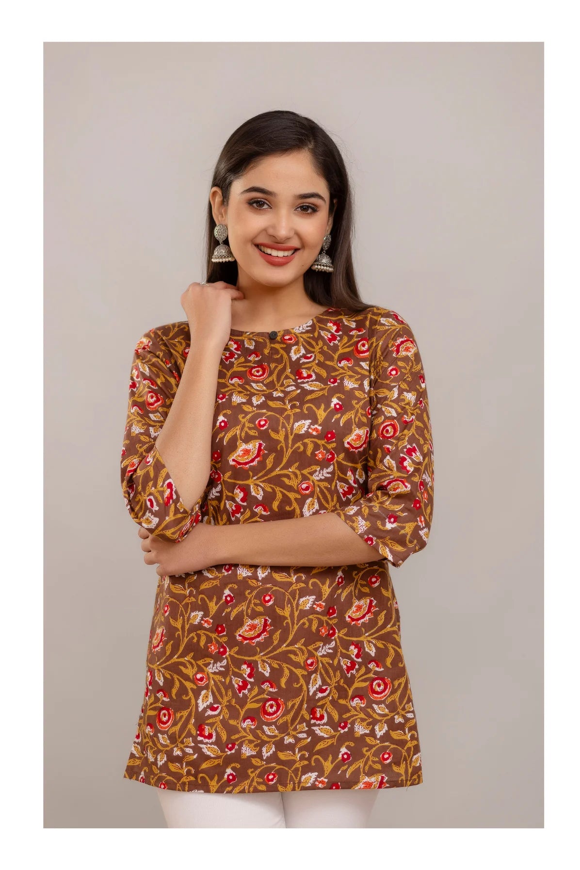 Brown Floral Printed Straight Cotton Kurti for Women
