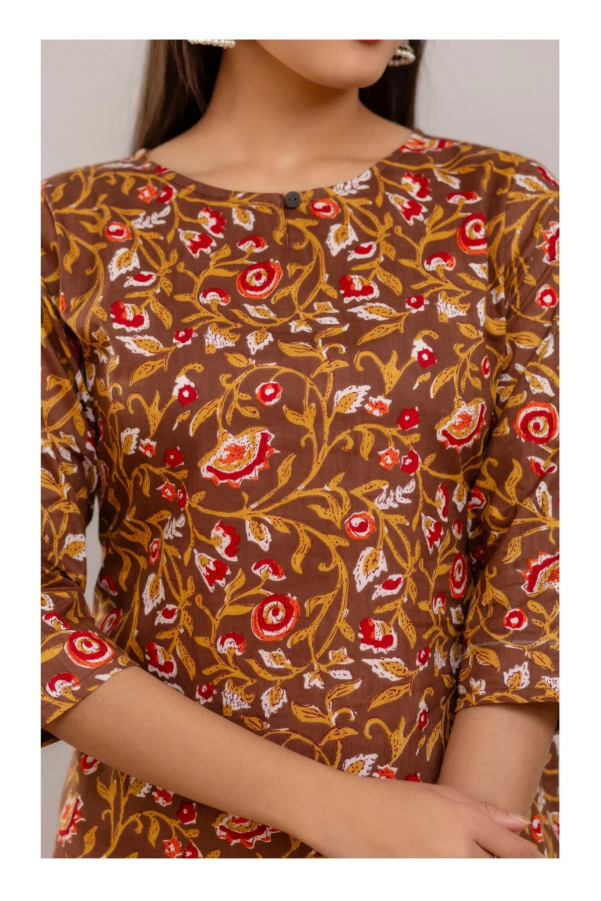 Brown Floral Printed Straight Cotton Kurti for Women