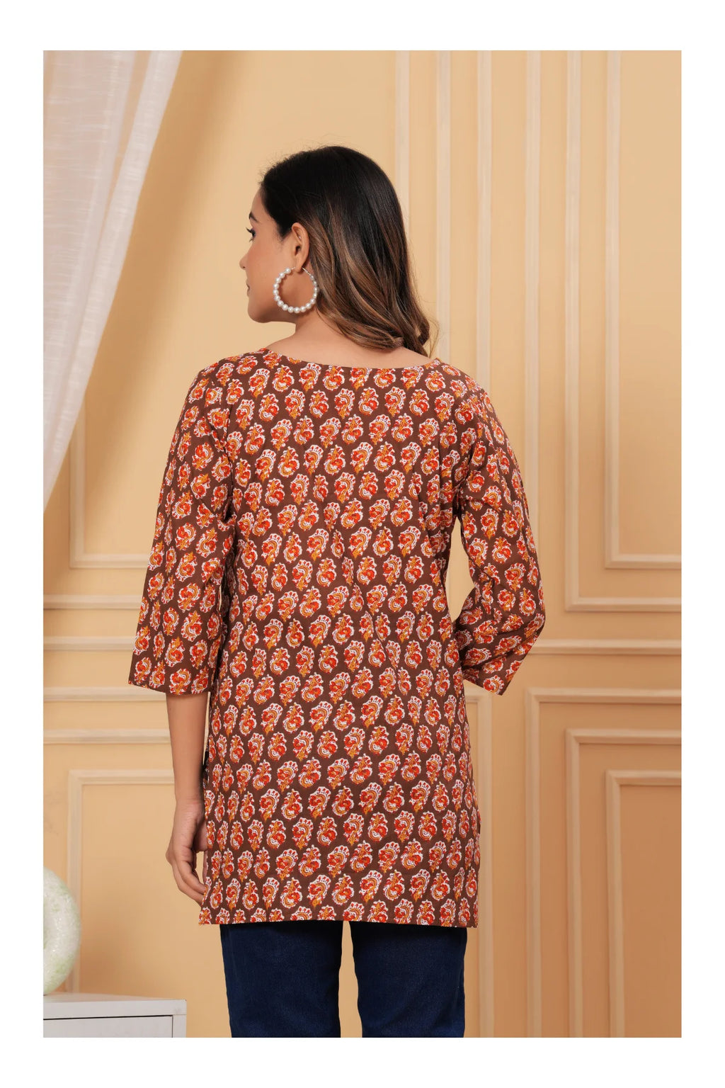 Brown Paisley Printed Straight Cotton Kurti for Women