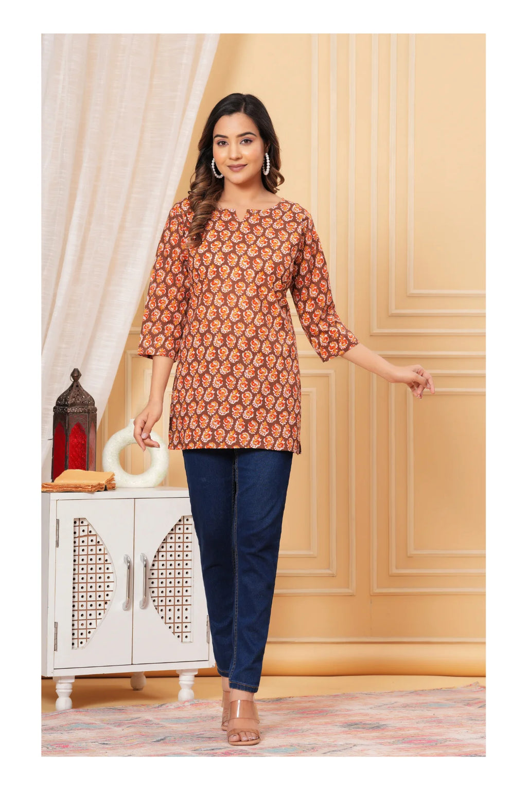 Brown Paisley Printed Straight Cotton Kurti for Women