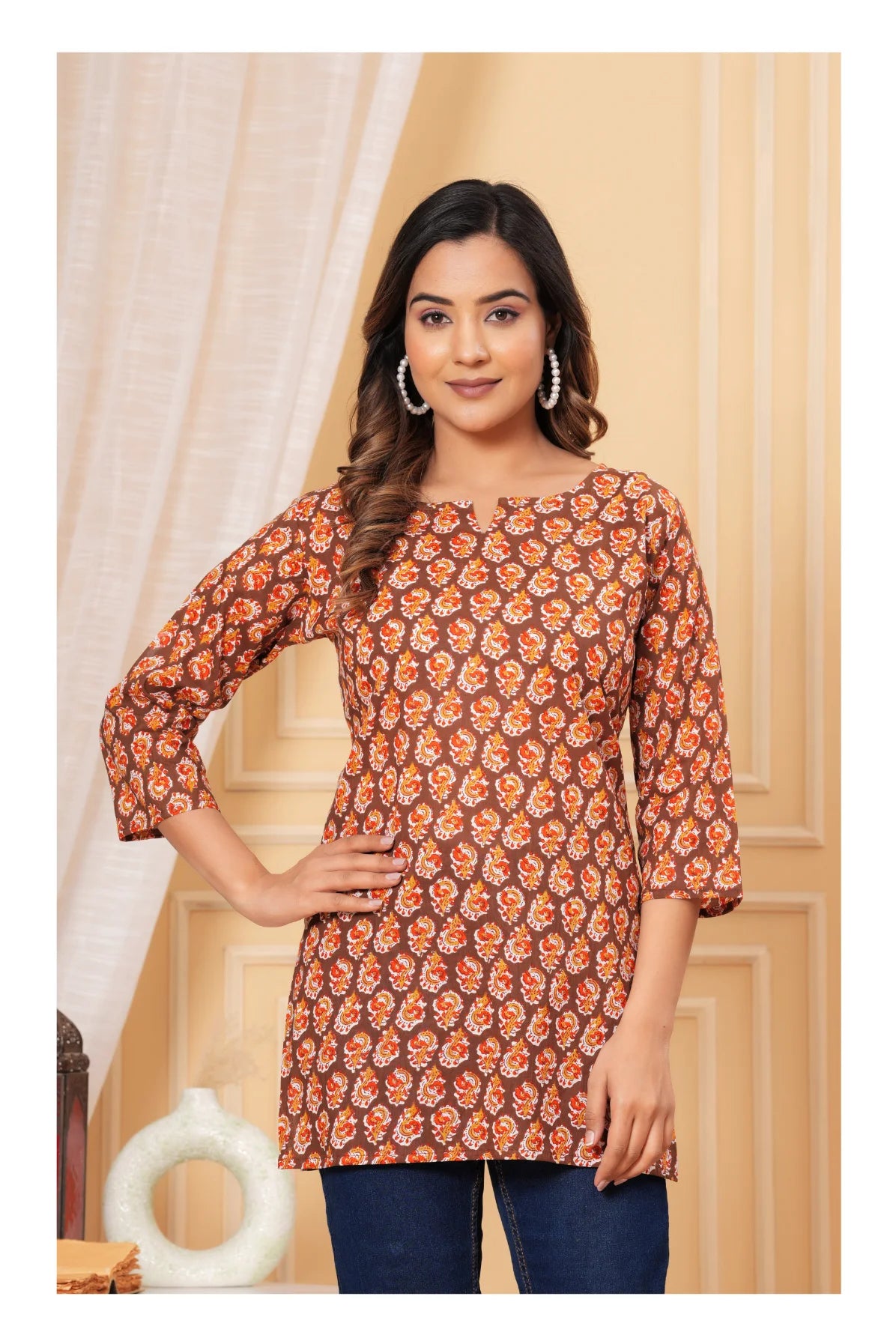 Brown Paisley Printed Straight Cotton Kurti for Women