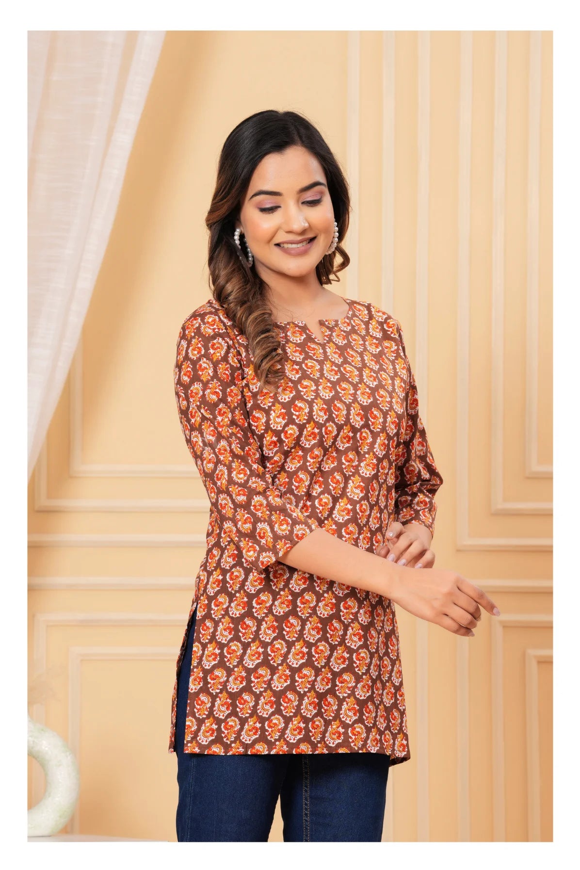 Brown Paisley Printed Straight Cotton Kurti for Women
