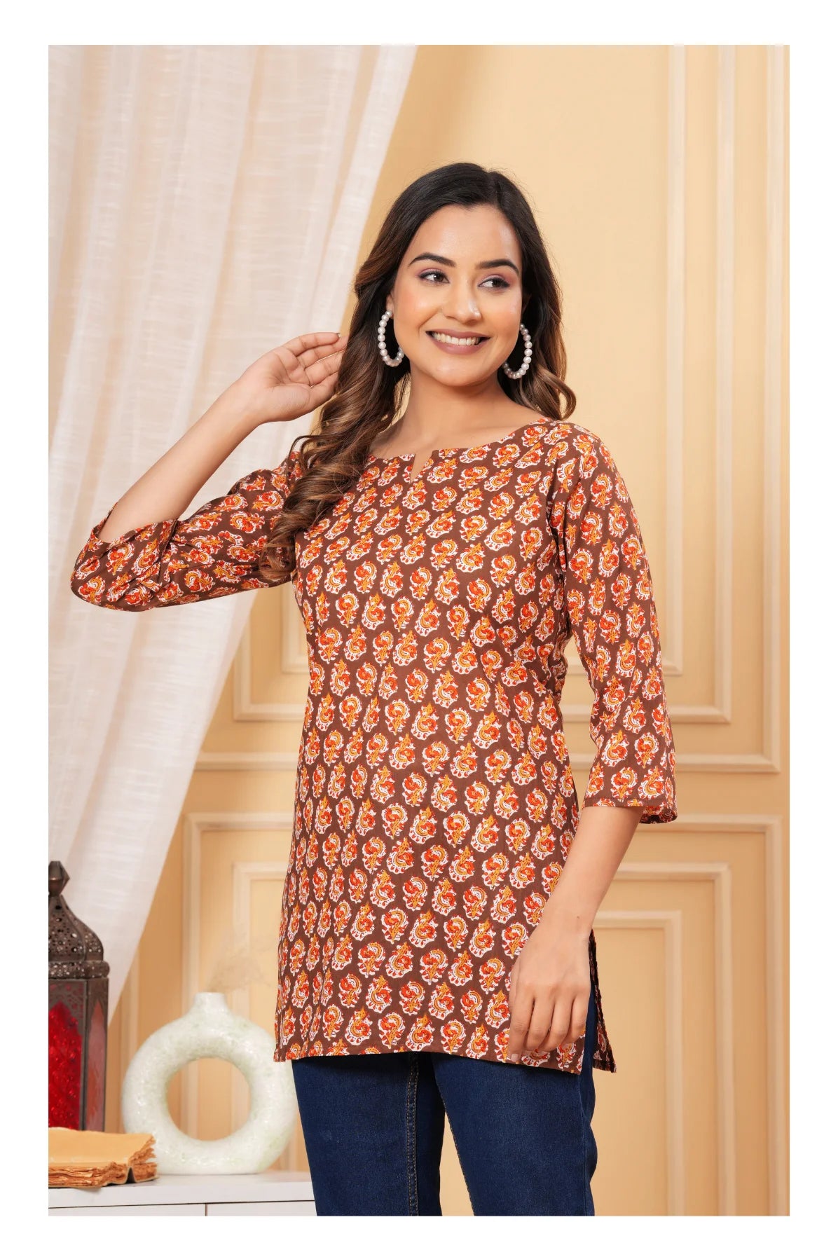 Brown Paisley Printed Straight Cotton Kurti for Women
