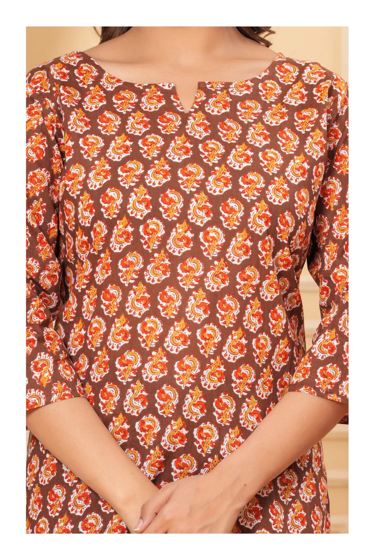 Brown Paisley Printed Straight Cotton Kurti for Women