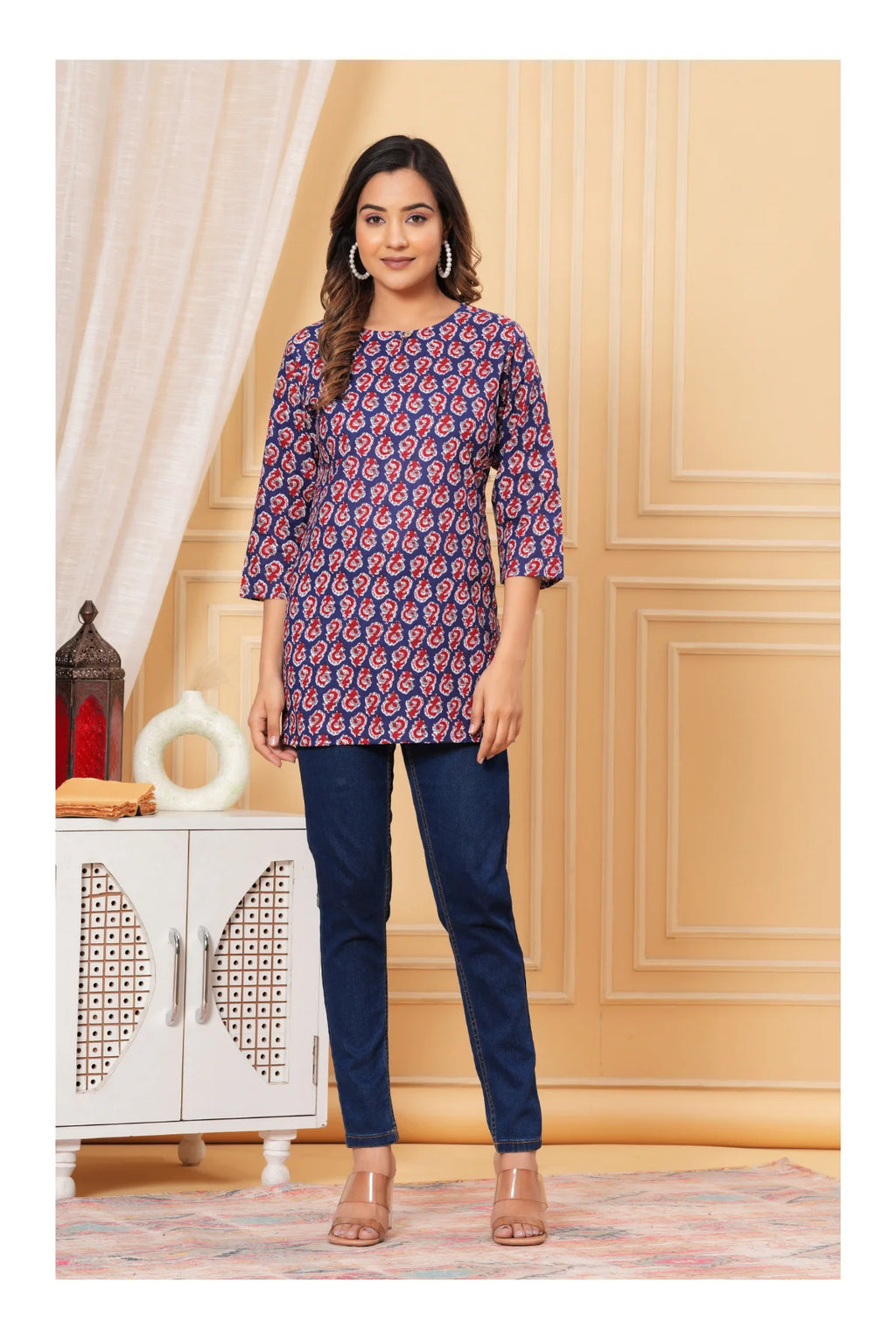 Blue Paisley Printed Straight Cotton Kurti for Women