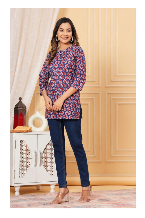 Blue Paisley Printed Straight Cotton Kurti for Women