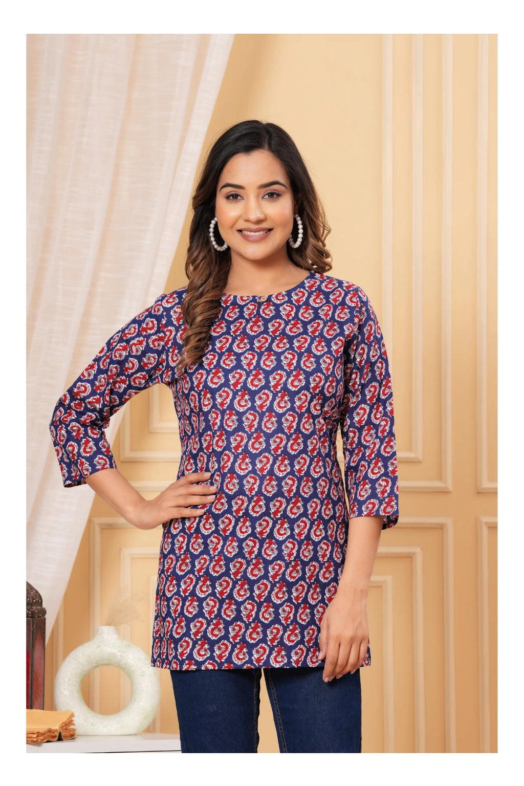 Blue Paisley Printed Straight Cotton Kurti for Women