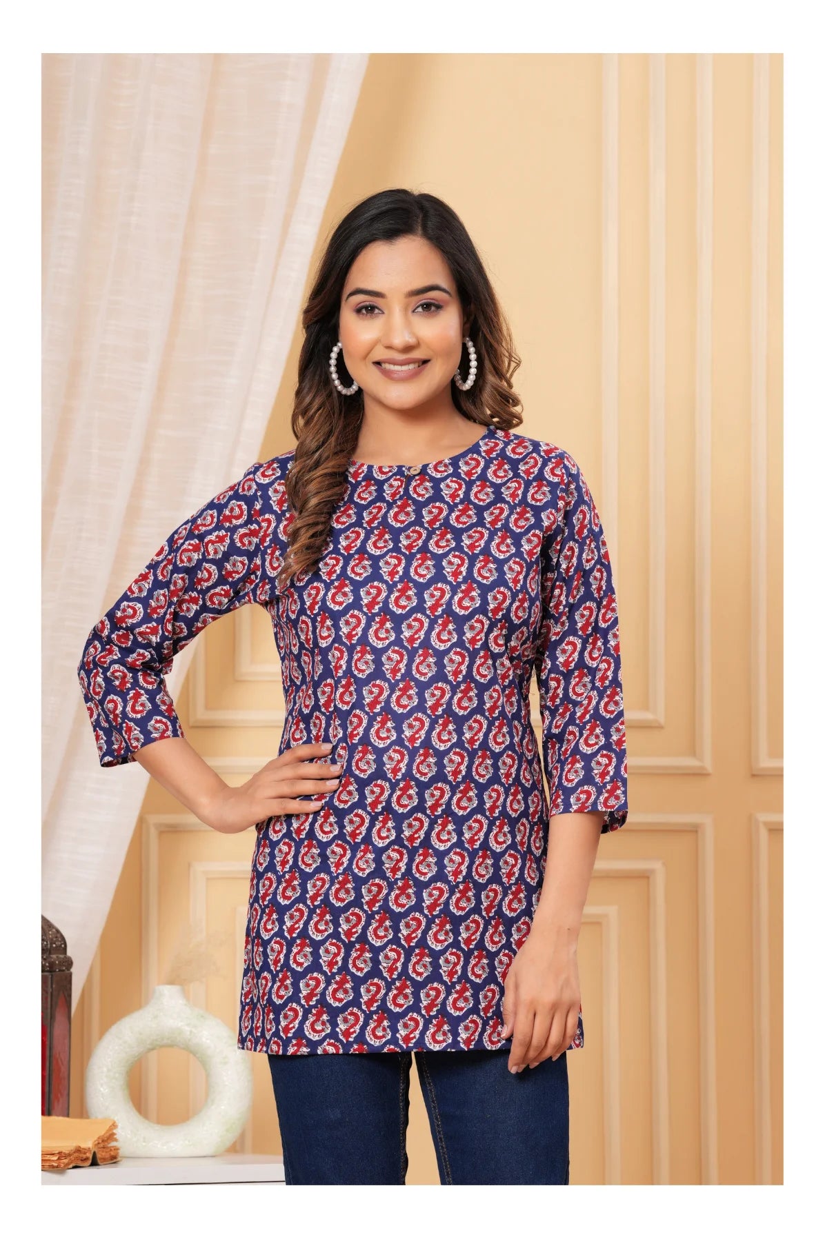 Blue Paisley Printed Straight Cotton Kurti for Women