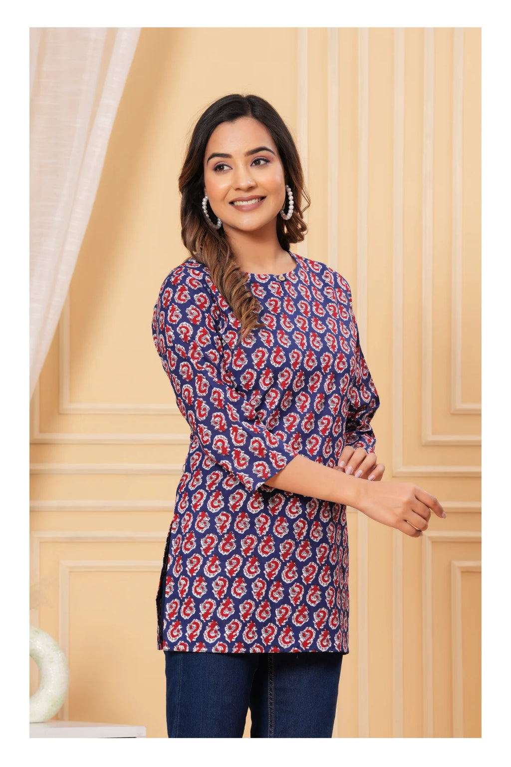 Blue Paisley Printed Straight Cotton Kurti for Women
