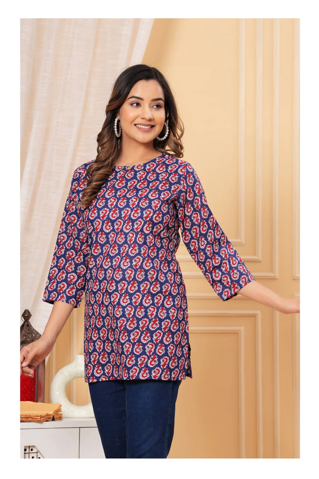 Blue Paisley Printed Straight Cotton Kurti for Women