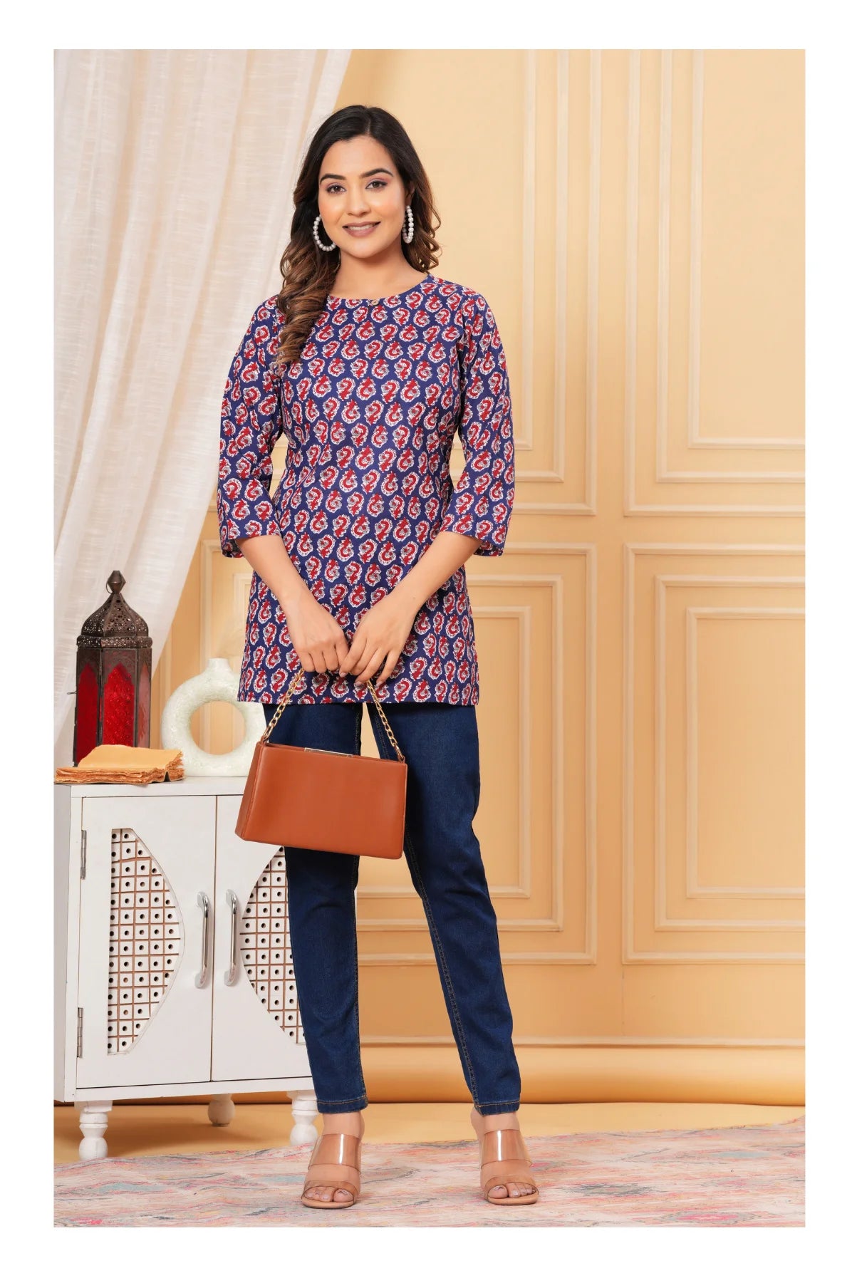 Blue Paisley Printed Straight Cotton Kurti for Women