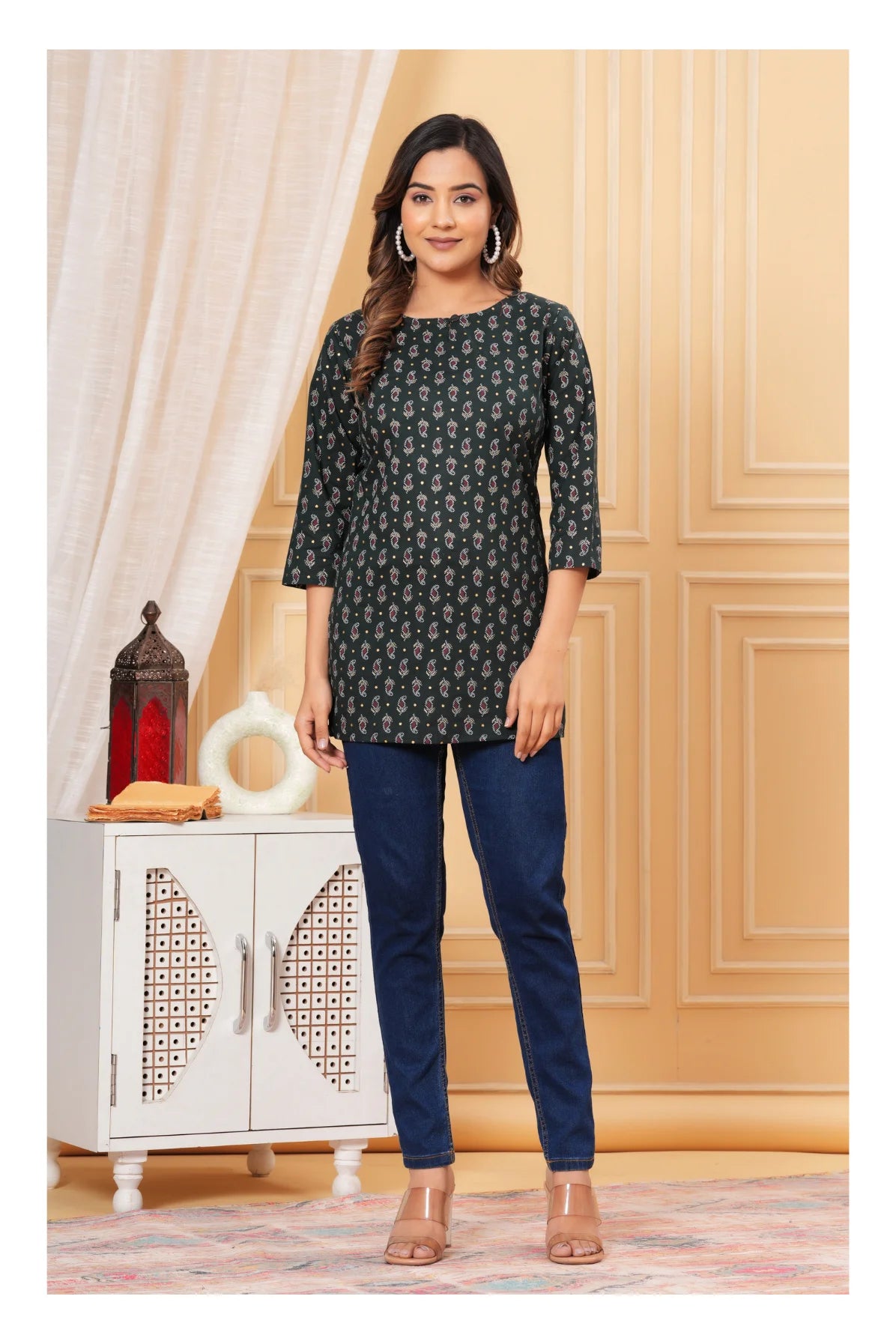 Dark Green Printed Straight Cotton Kurti for Women