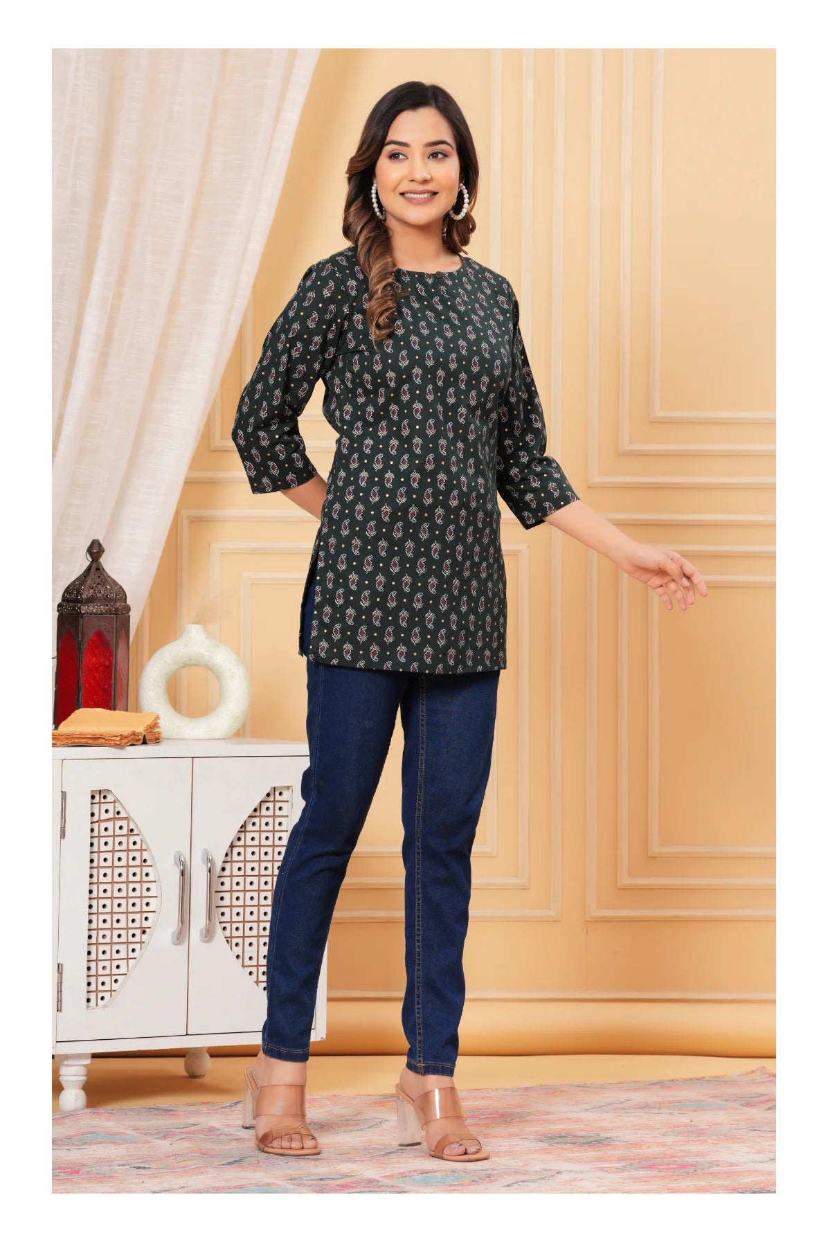 Dark Green Printed Straight Cotton Kurti for Women