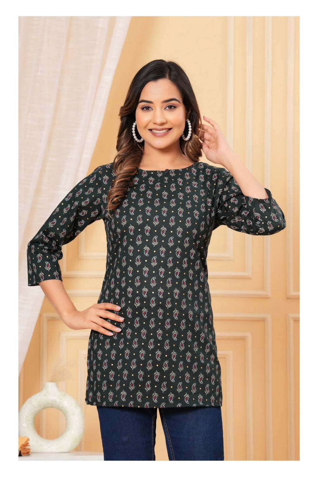 Dark Green Printed Straight Cotton Kurti for Women