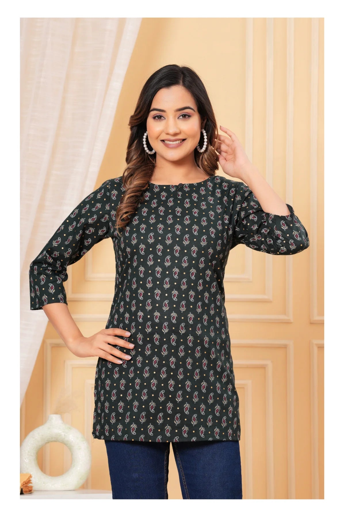 Dark Green Printed Straight Cotton Kurti for Women