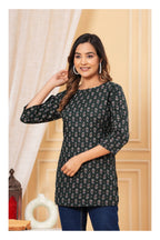 Dark Green Printed Straight Cotton Kurti for Women