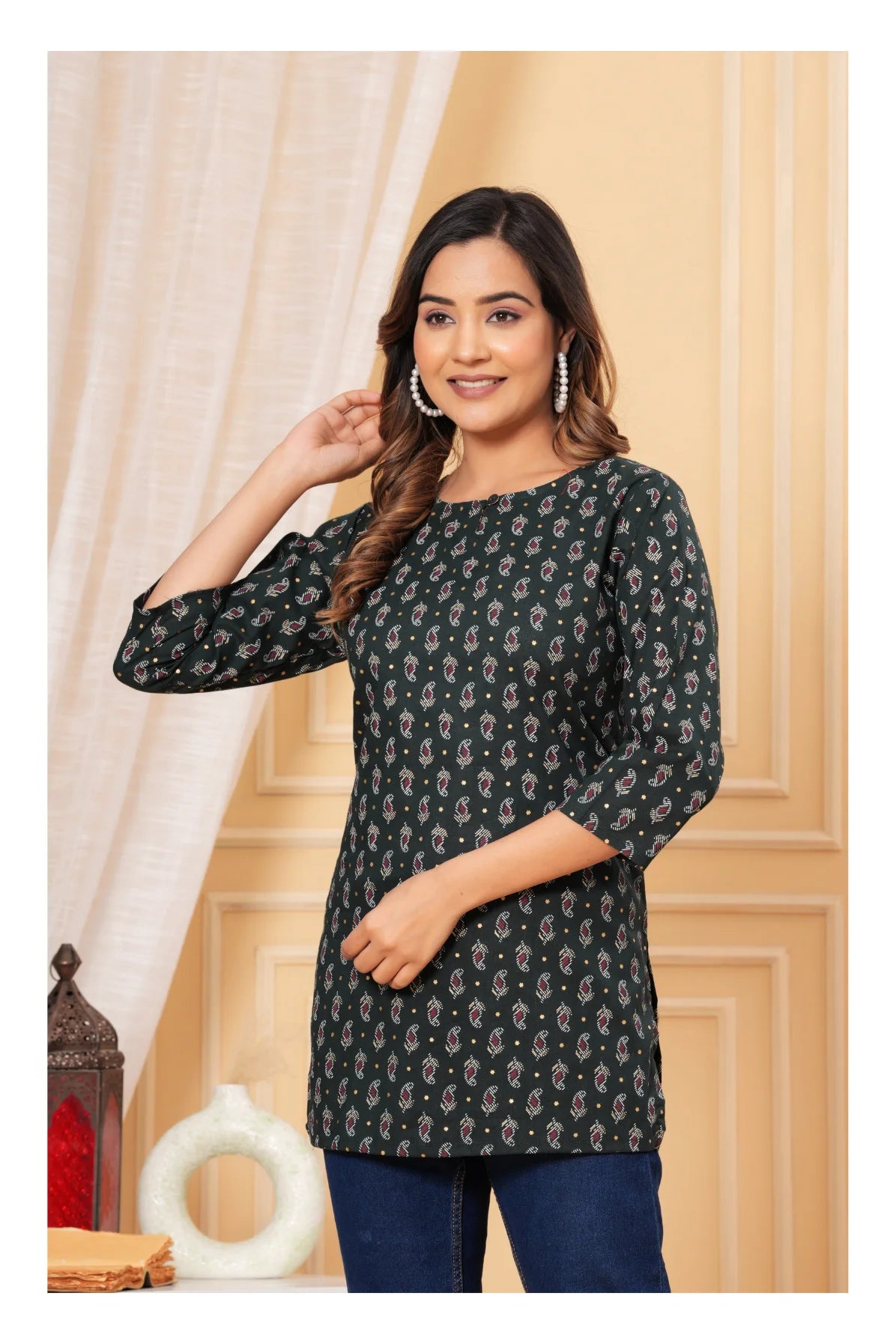 Dark Green Printed Straight Cotton Kurti for Women