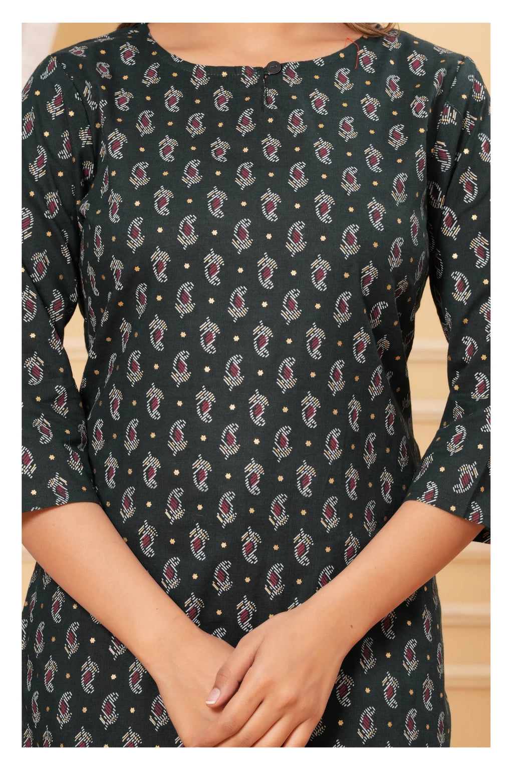 Dark Green Printed Straight Cotton Kurti for Women