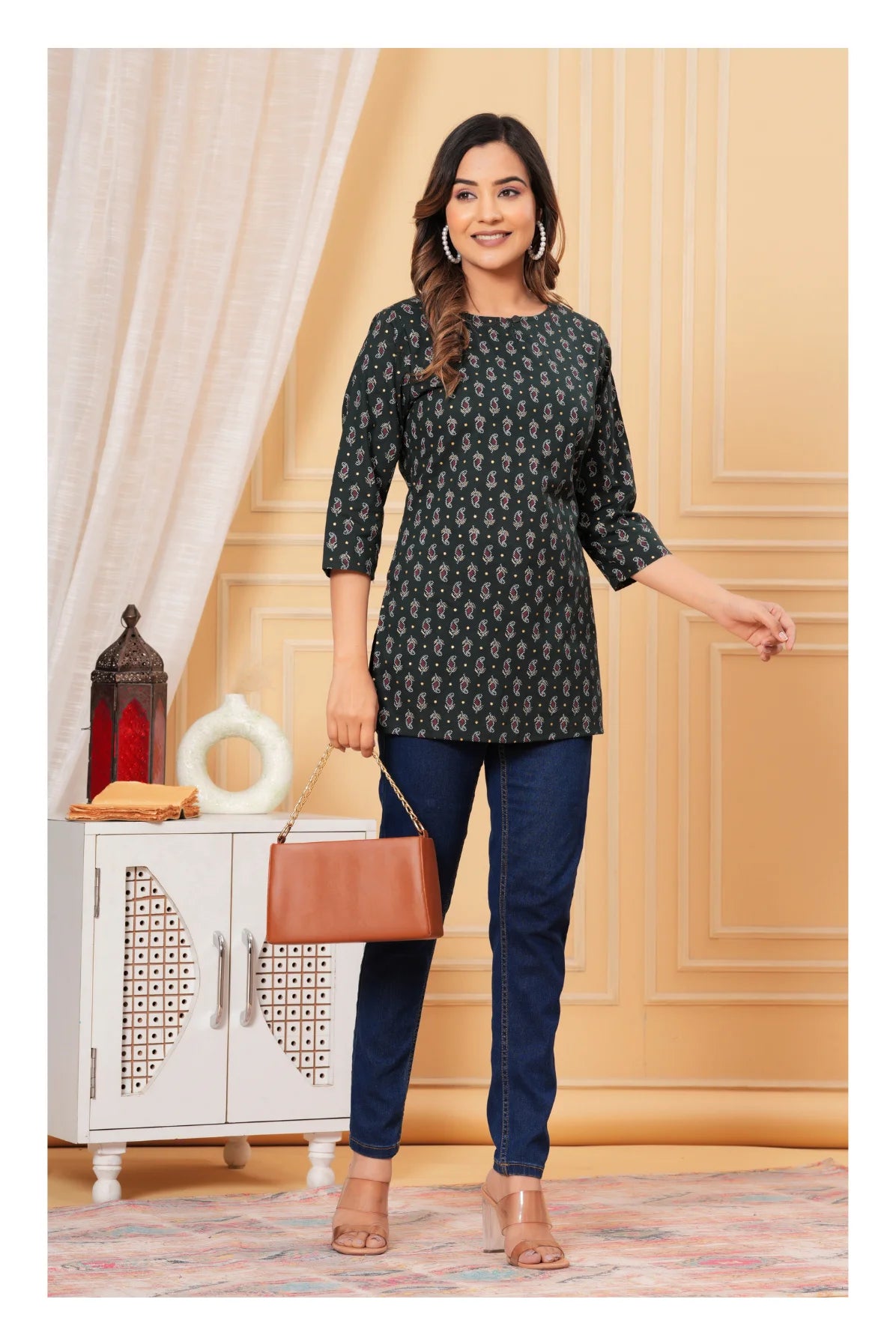 Dark Green Printed Straight Cotton Kurti for Women