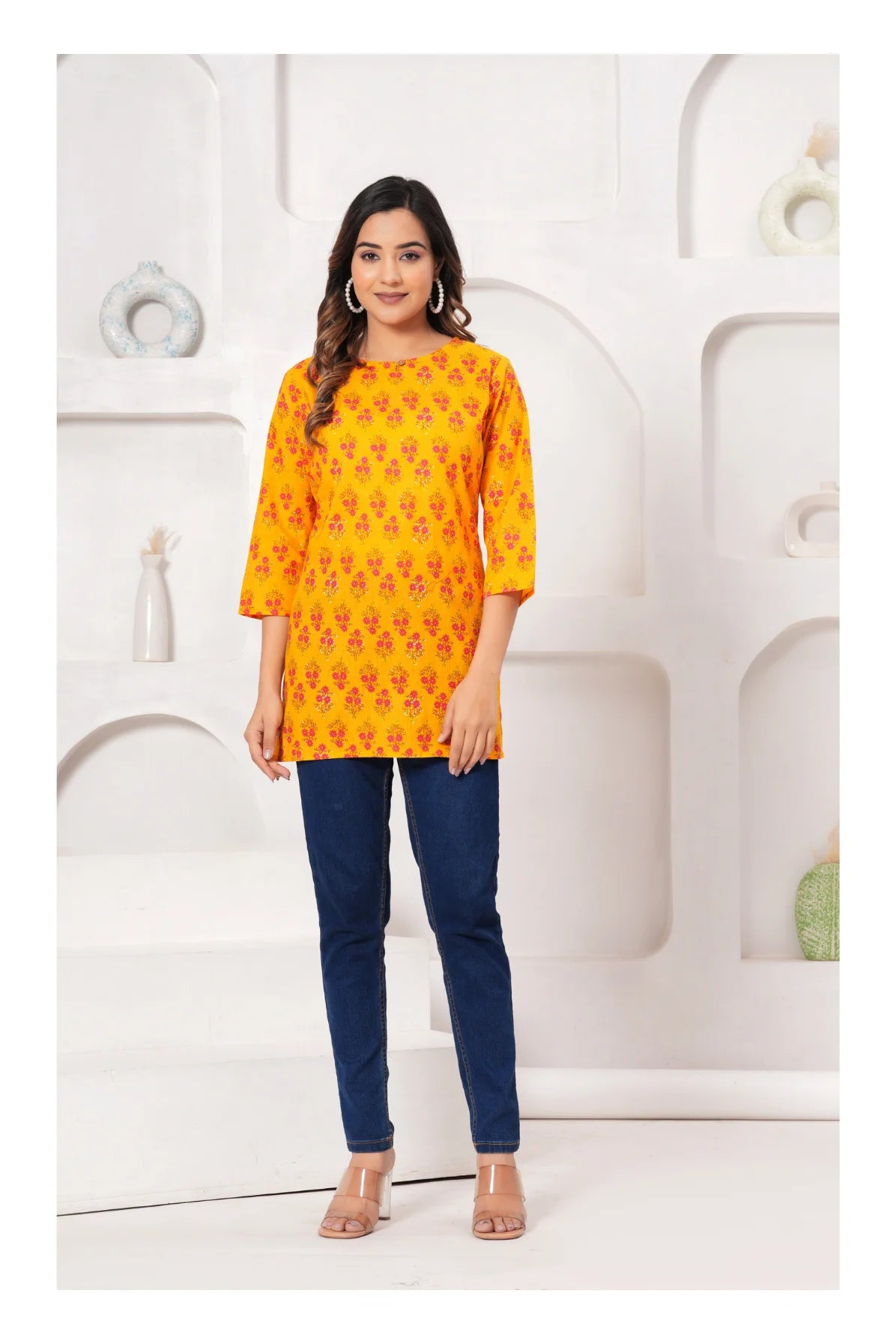 Women Mustard Yellow Printed Cotton Kurti