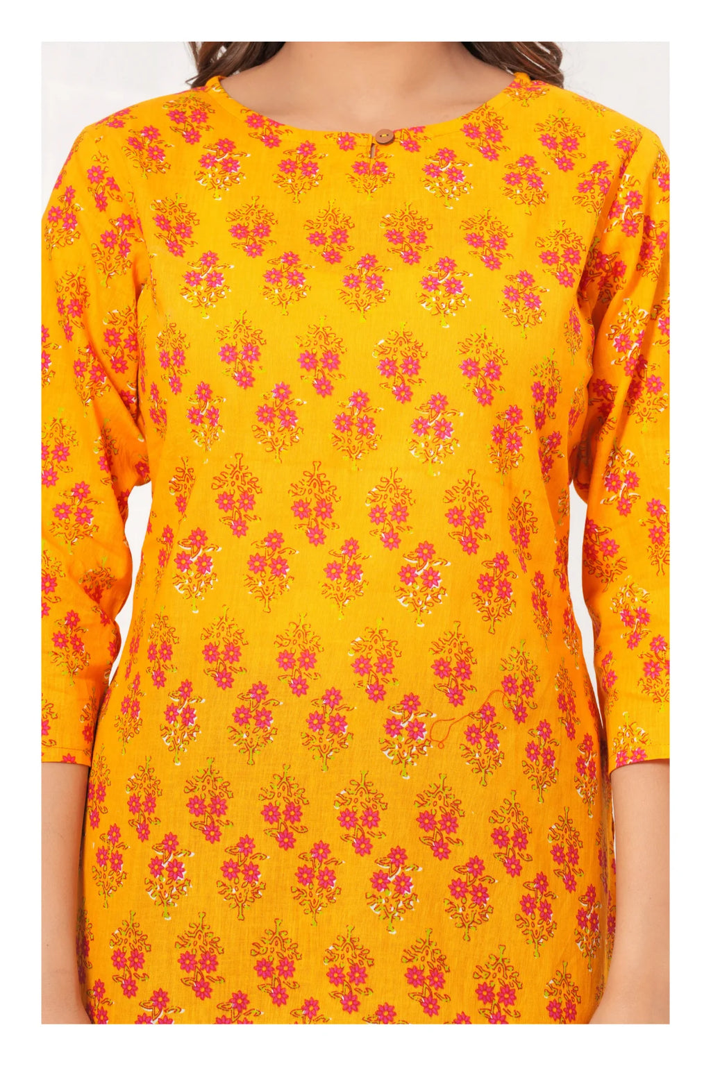 Women Mustard Yellow Printed Cotton Kurti