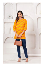 Women Mustard Yellow Printed Cotton Kurti