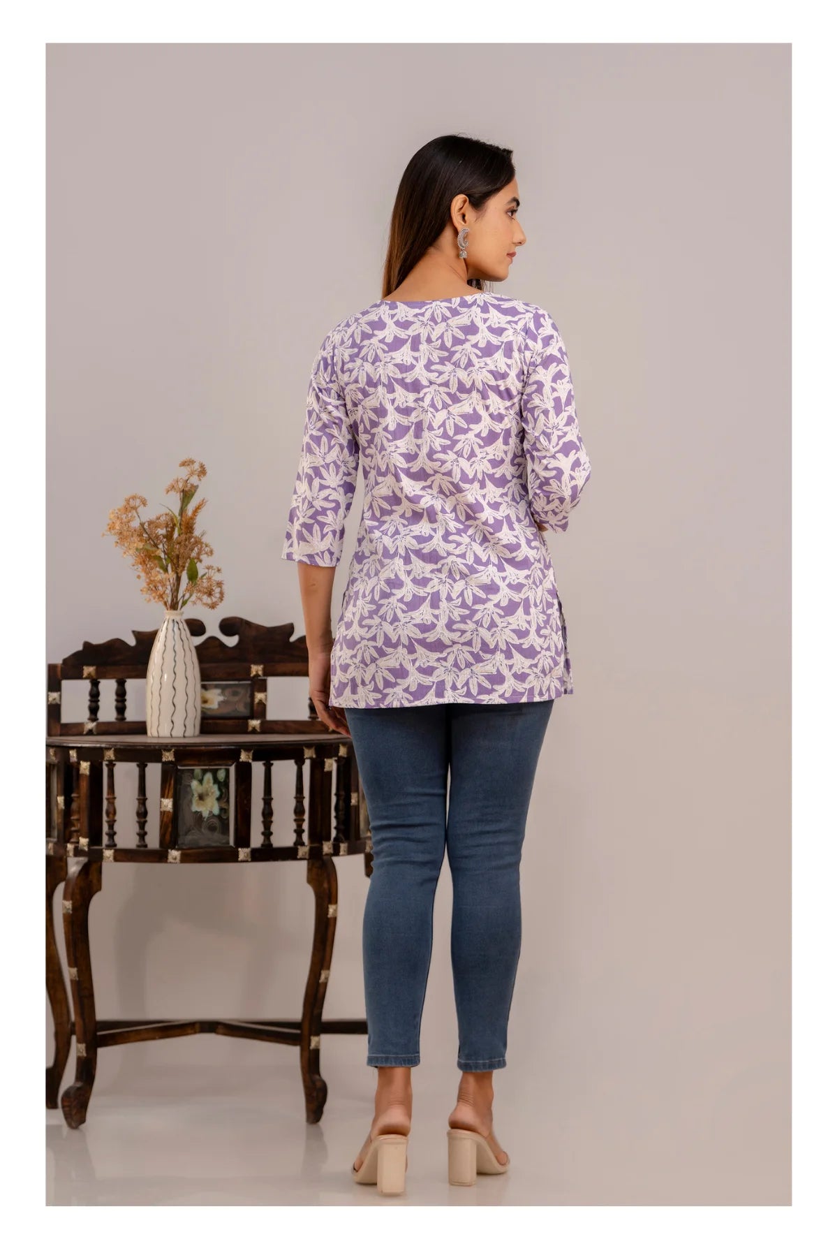 Elegant Floral Short kurti with 3/4th Sleeves – Lavender
