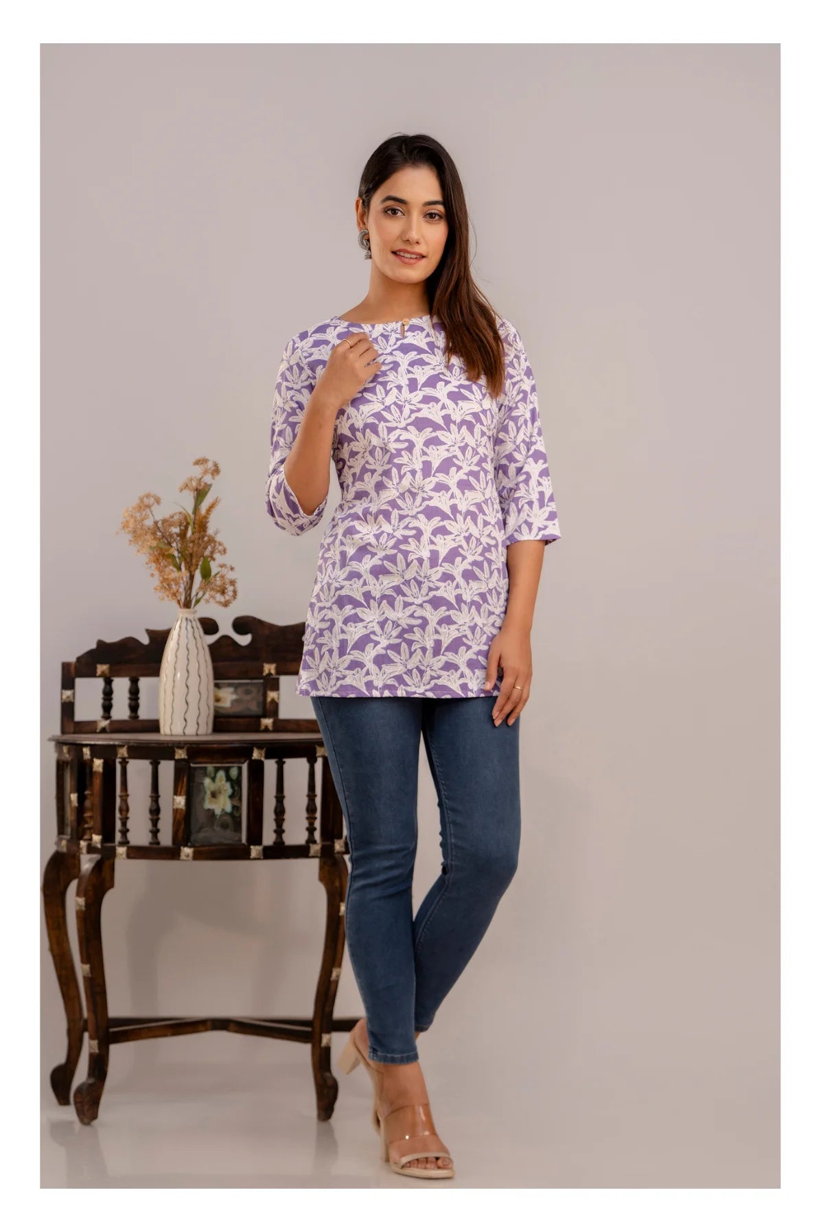 Elegant Floral Short kurti with 3/4th Sleeves – Lavender