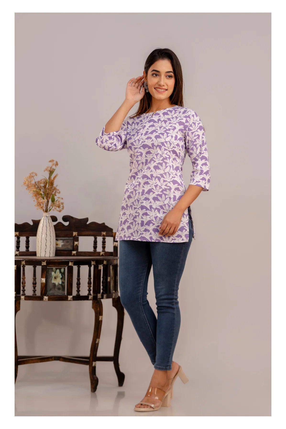 Elegant Floral Short kurti with 3/4th Sleeves – Lavender