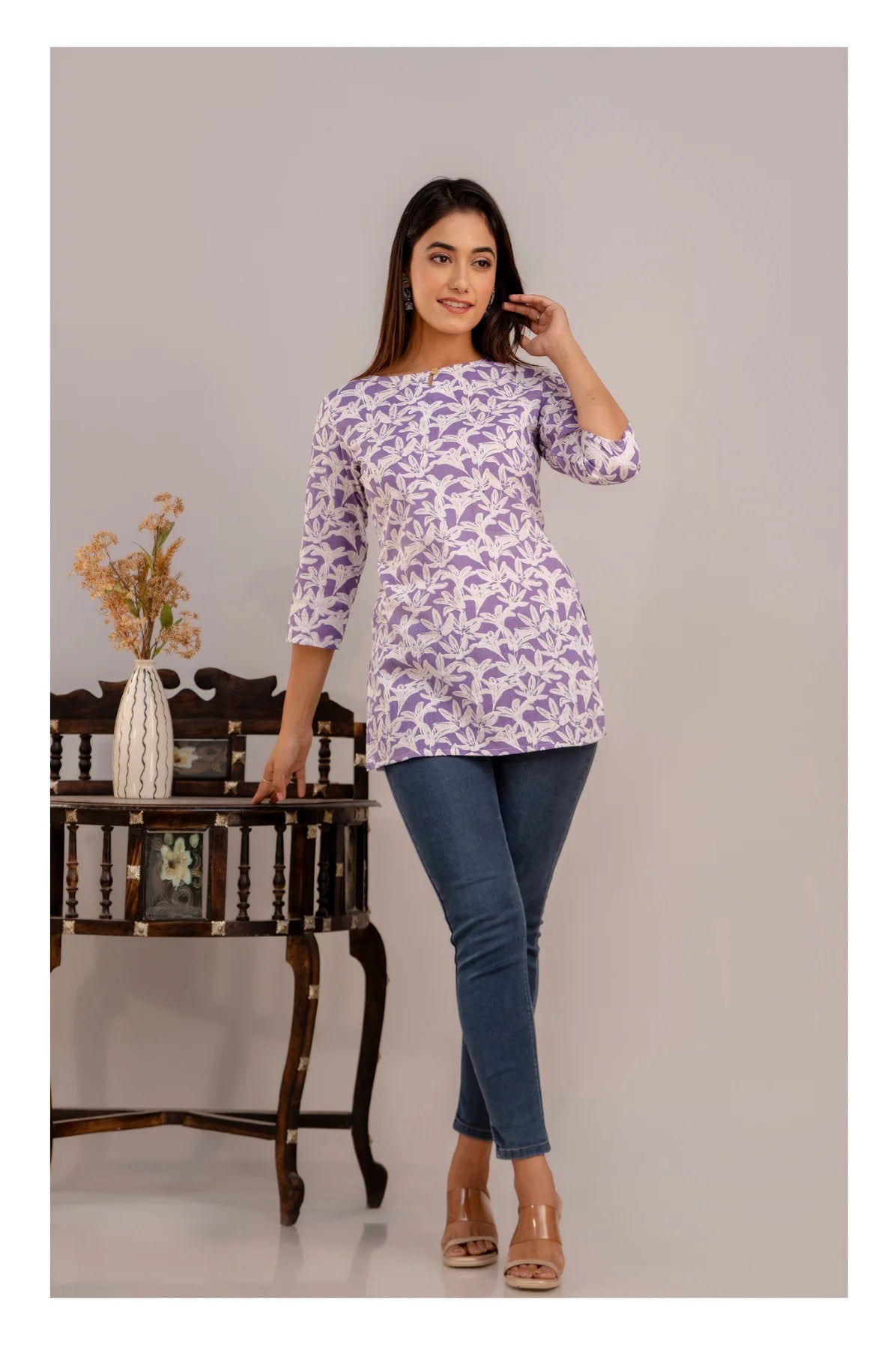 Elegant Floral Short kurti with 3/4th Sleeves – Lavender