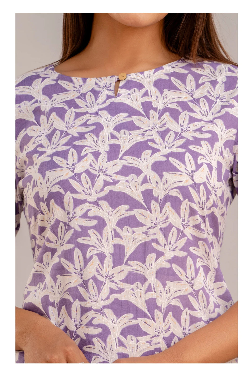 Elegant Floral Short kurti with 3/4th Sleeves – Lavender
