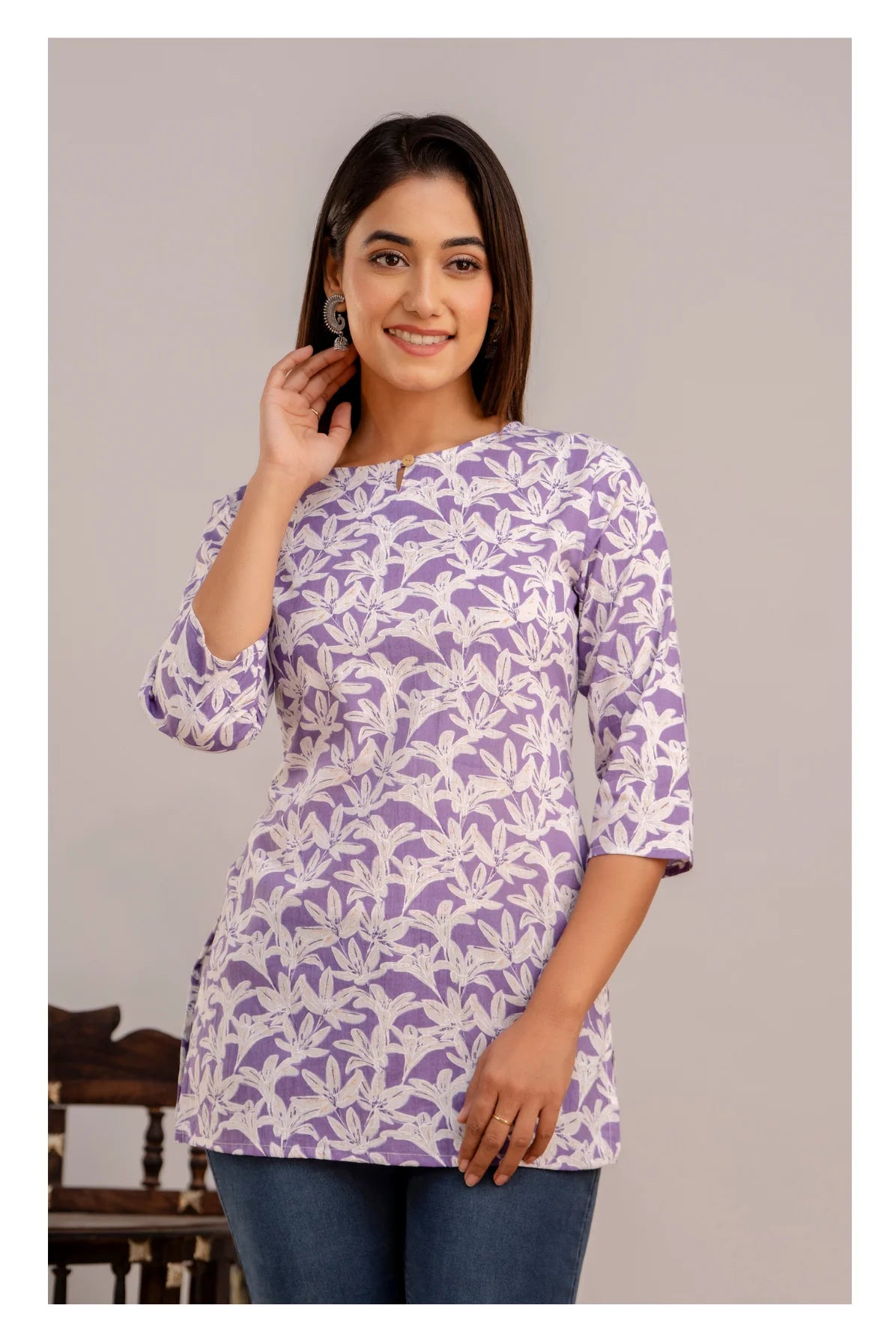 Elegant Floral Short kurti with 3/4th Sleeves – Lavender