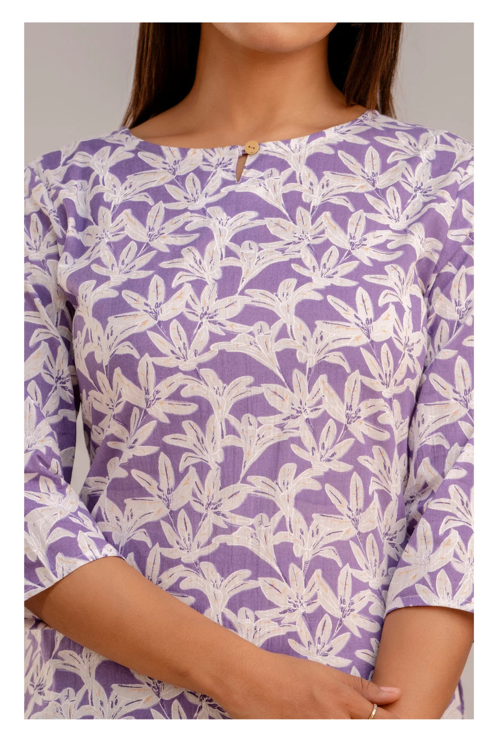 Elegant Floral Short kurti with 3/4th Sleeves – Lavender