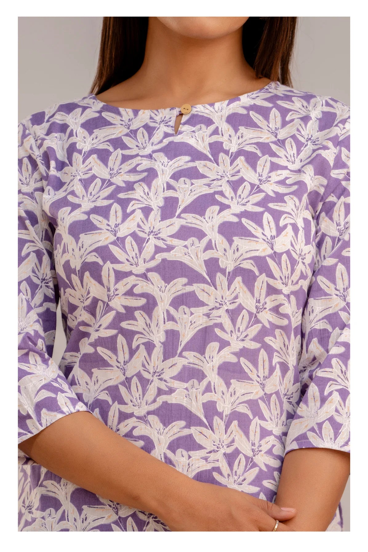 Elegant Floral Short kurti with 3/4th Sleeves – Lavender