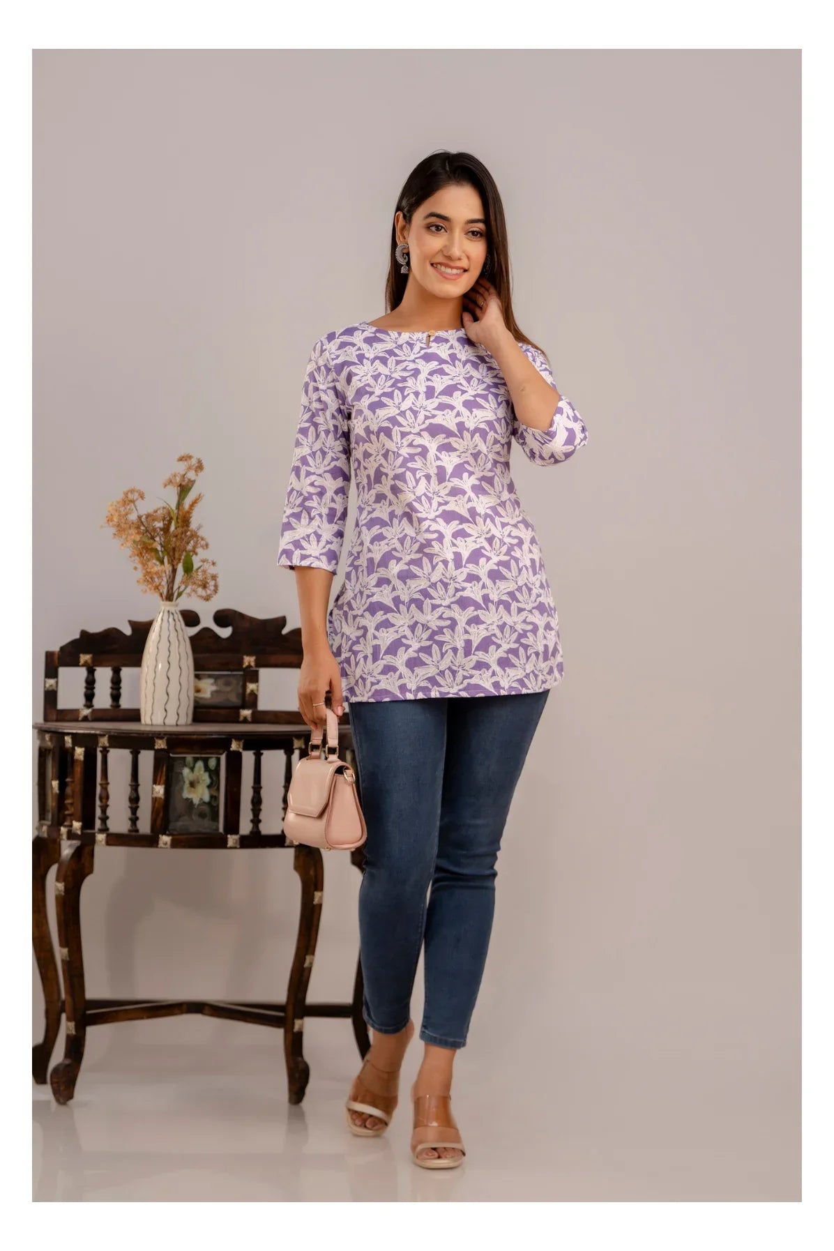 Elegant Floral Short kurti with 3/4th Sleeves – Lavender