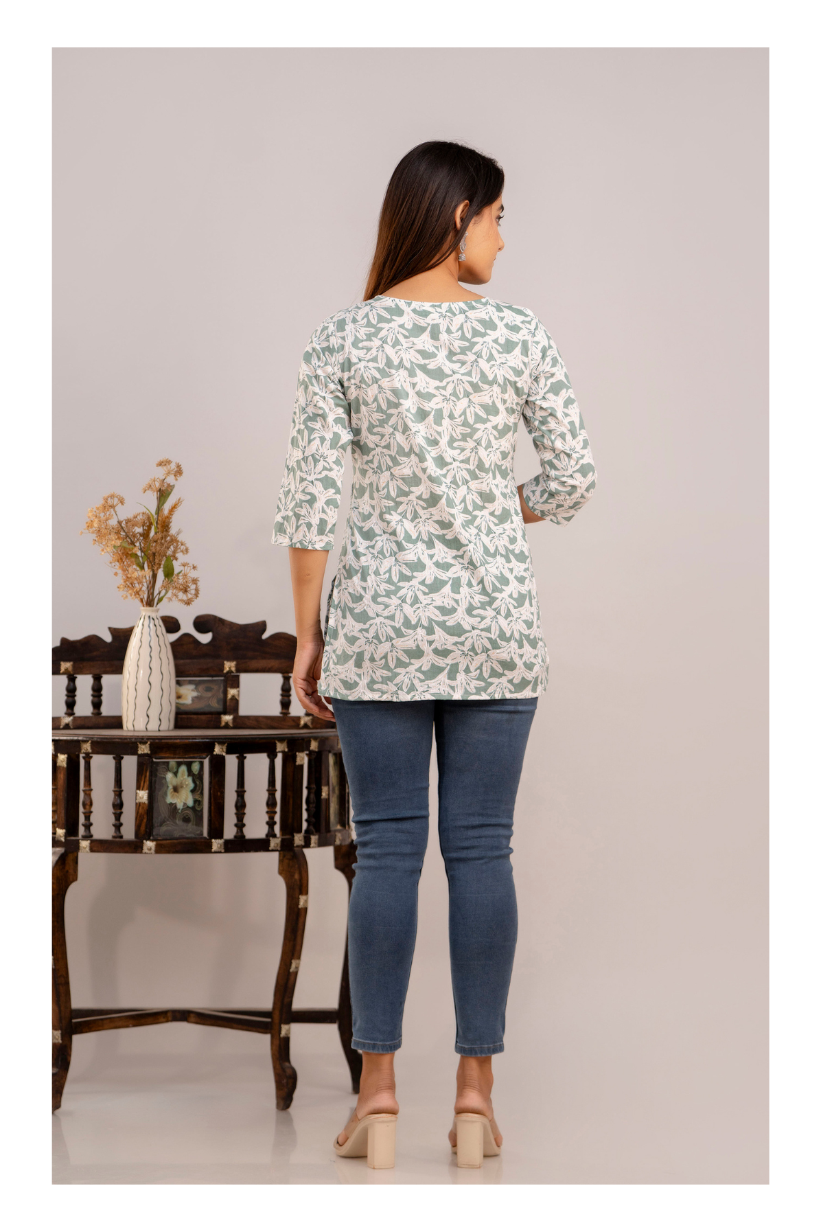 Elegant White Blossom Print Cotton Short kurti