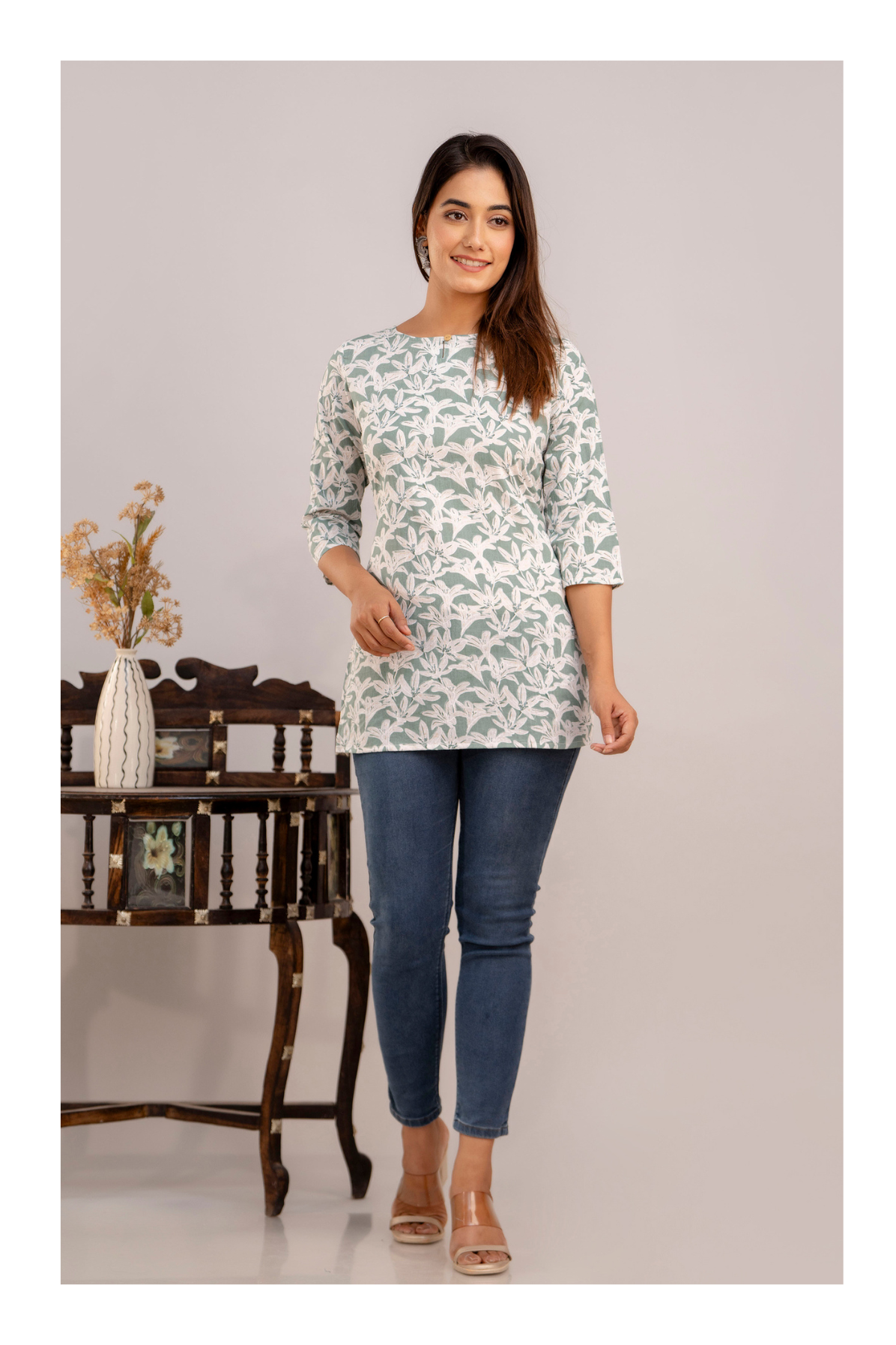 Elegant White Blossom Print Cotton Short kurti