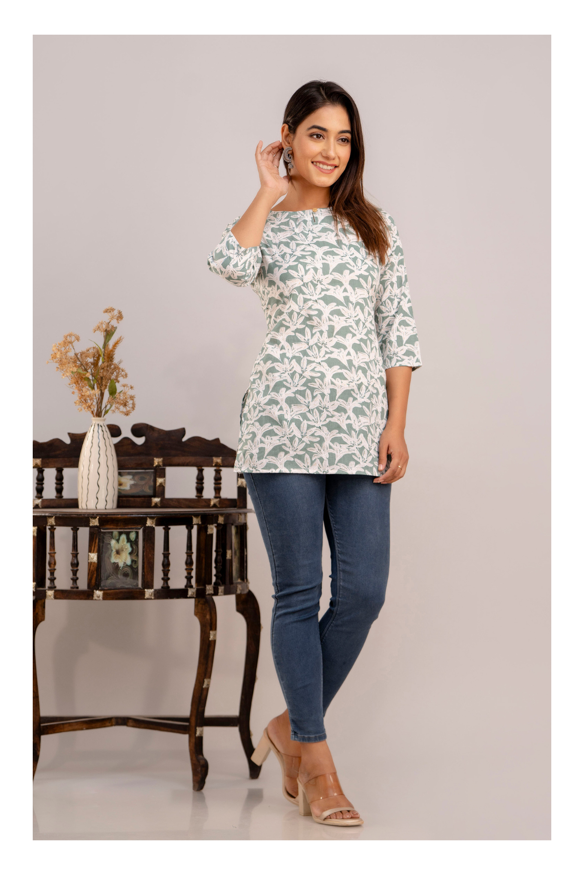 Elegant White Blossom Print Cotton Short kurti