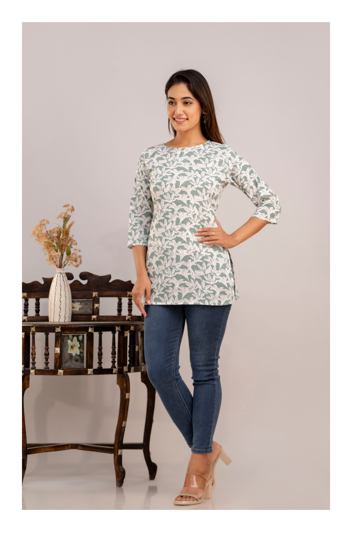 Elegant White Blossom Print Cotton Short kurti