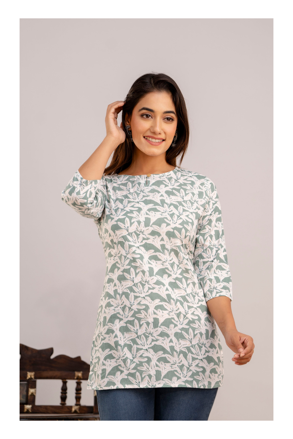 Elegant White Blossom Print Cotton Short kurti