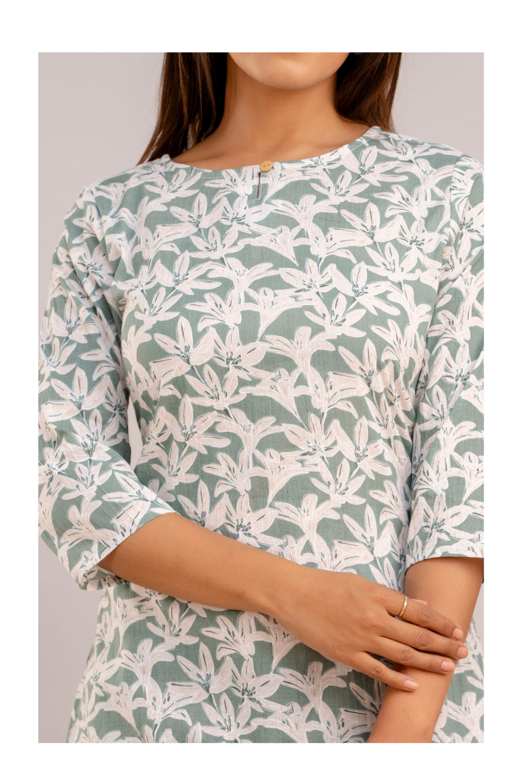 Elegant White Blossom Print Cotton Short kurti