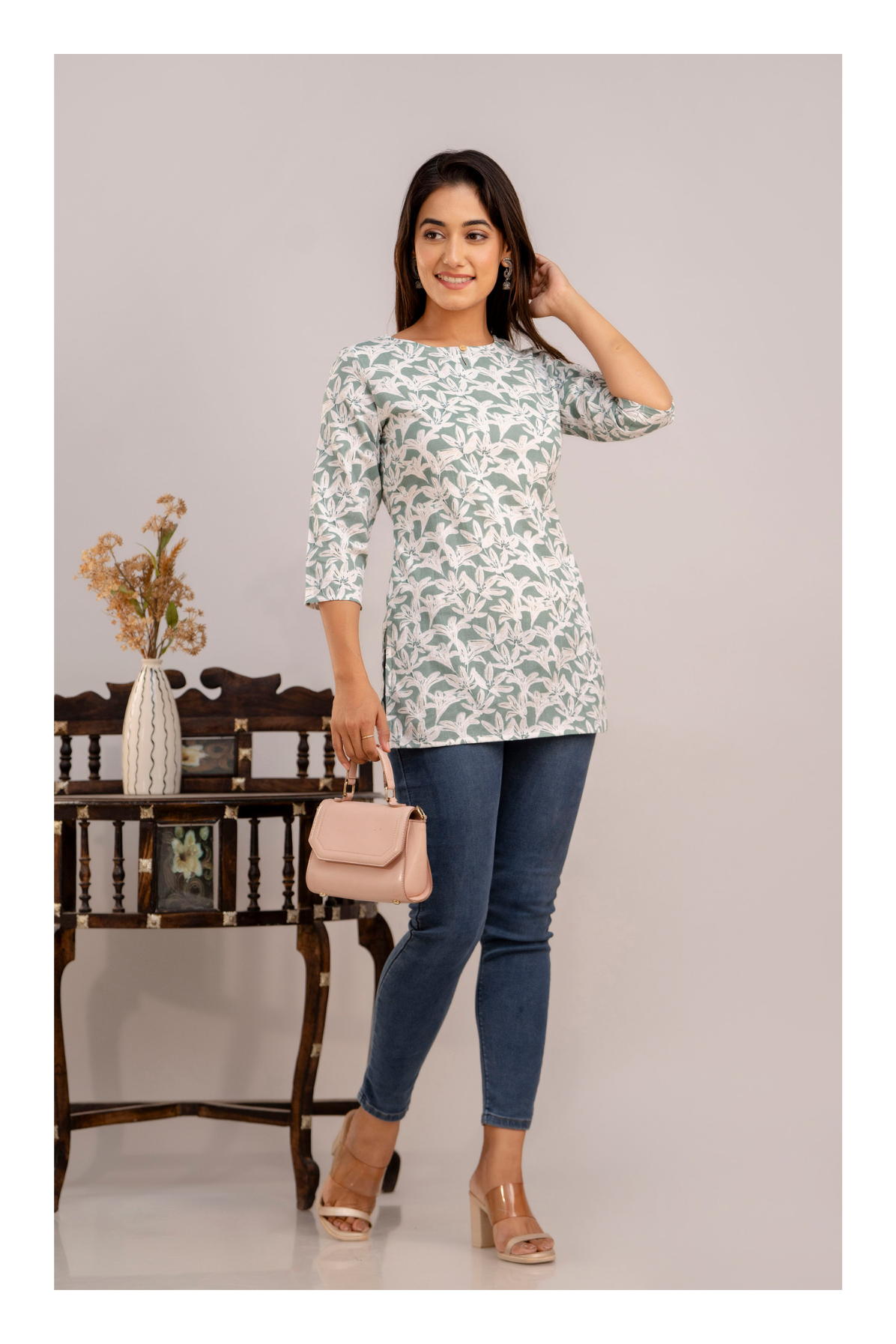 Elegant White Blossom Print Cotton Short kurti