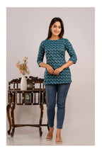 Women Teal Blue Printed Cotton Kurti