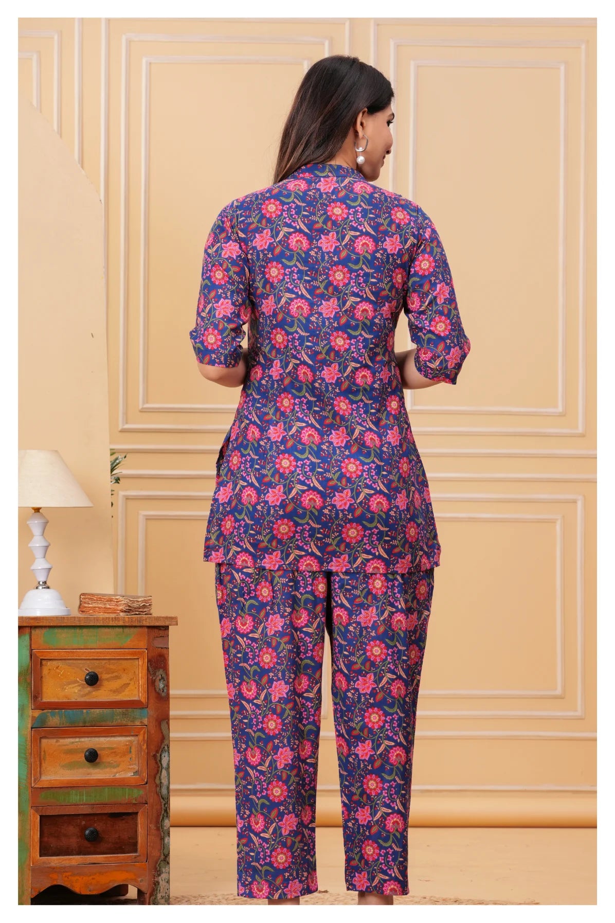 Women’s Maternity Feeding Cord Set | Floral Printed Nursing Co-Ord Set (Navy Blue)