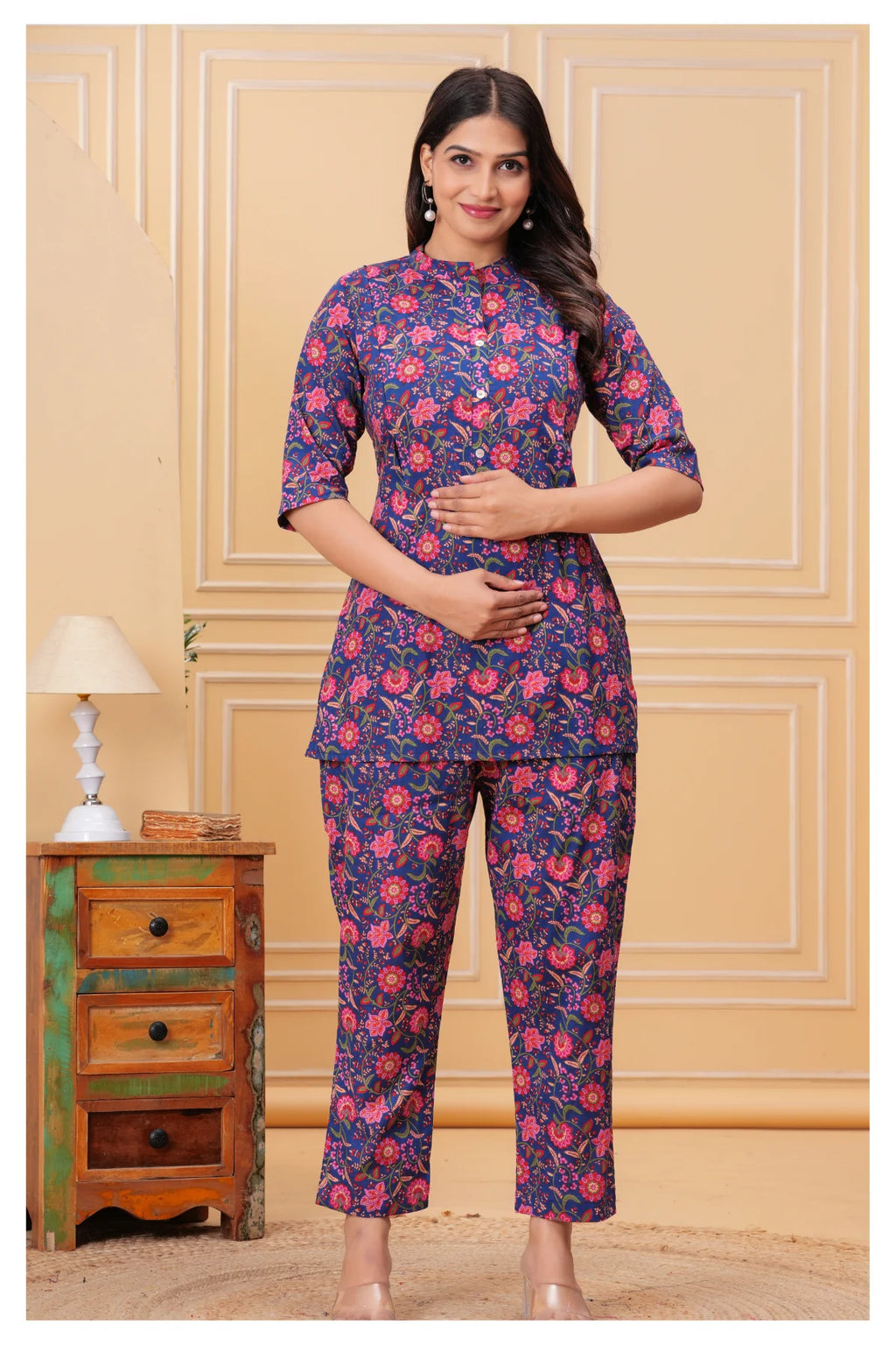 Women’s Maternity Feeding Cord Set | Floral Printed Nursing Co-Ord Set (Navy Blue)