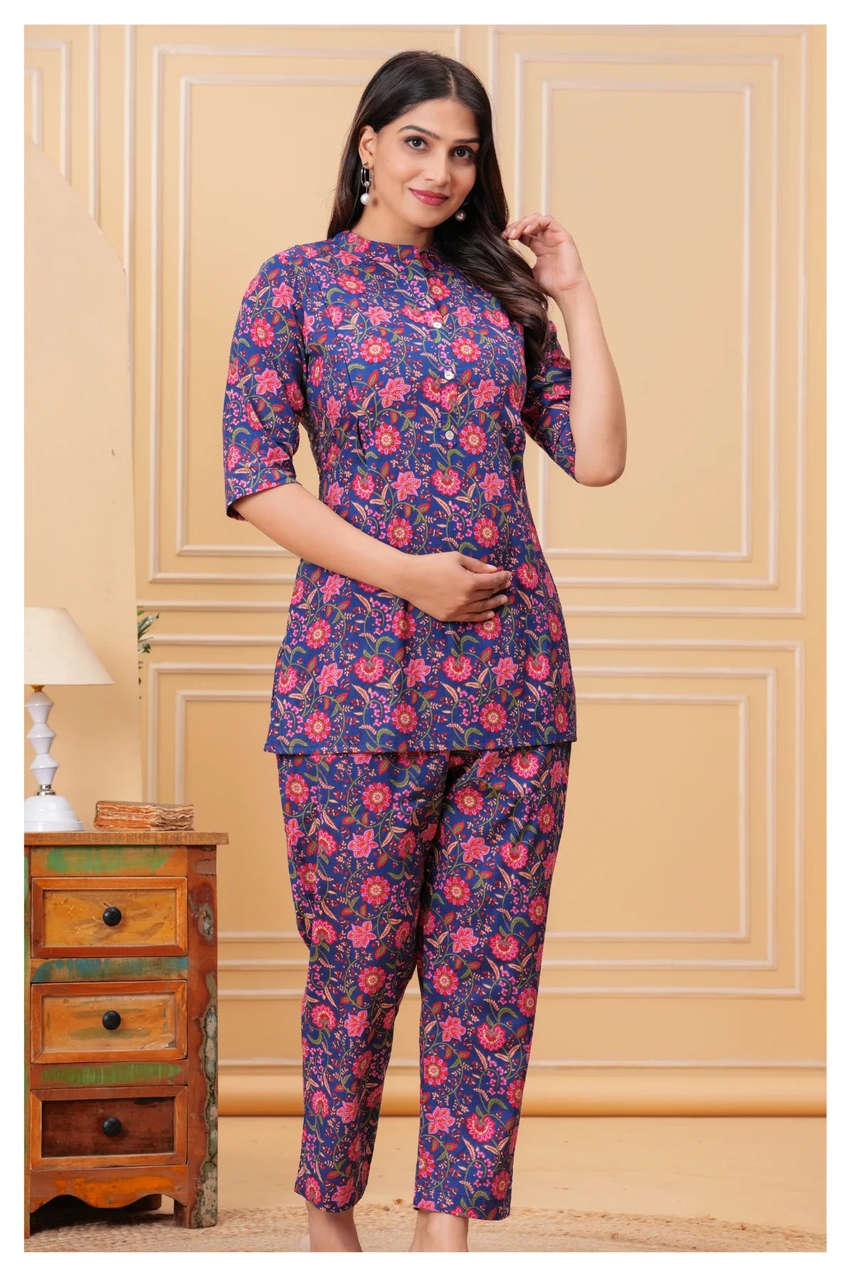 Women’s Maternity Feeding Cord Set | Floral Printed Nursing Co-Ord Set (Navy Blue)