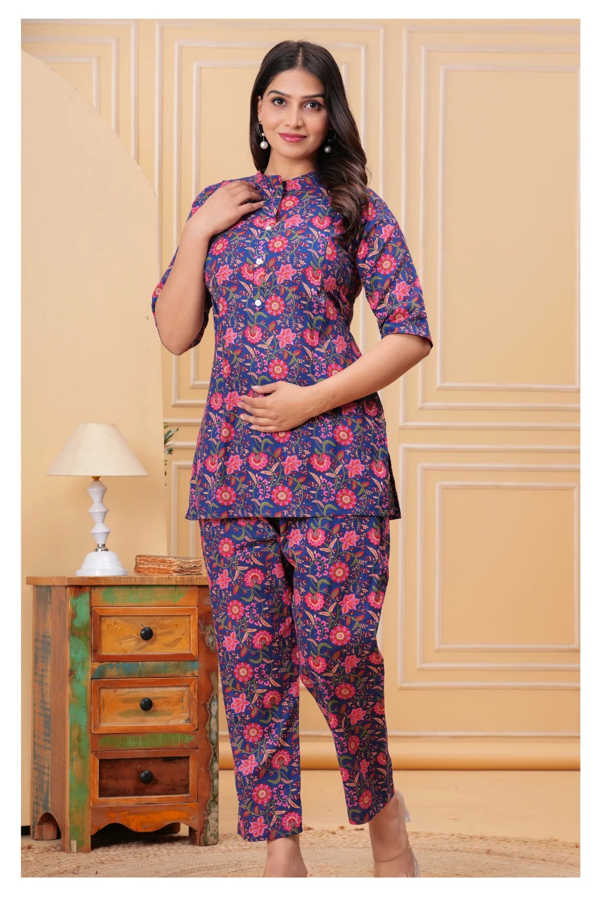 Women’s Maternity Feeding Cord Set | Floral Printed Nursing Co-Ord Set (Navy Blue)