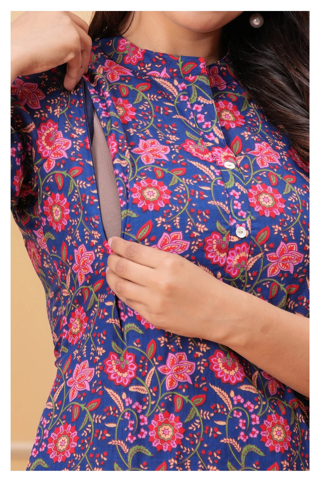 Women’s Maternity Feeding Cord Set | Floral Printed Nursing Co-Ord Set (Navy Blue)