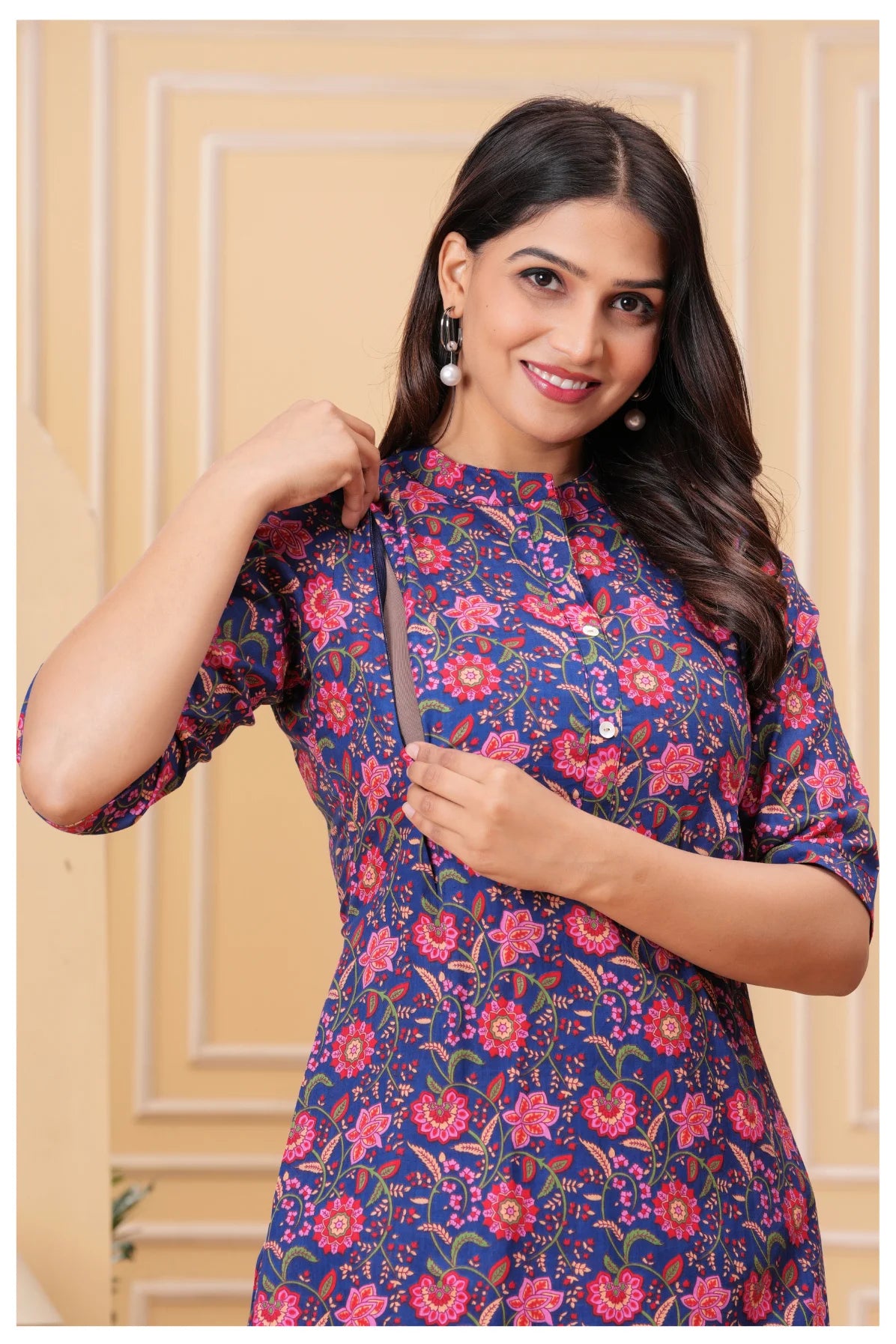 Women’s Maternity Feeding Cord Set | Floral Printed Nursing Co-Ord Set (Navy Blue)