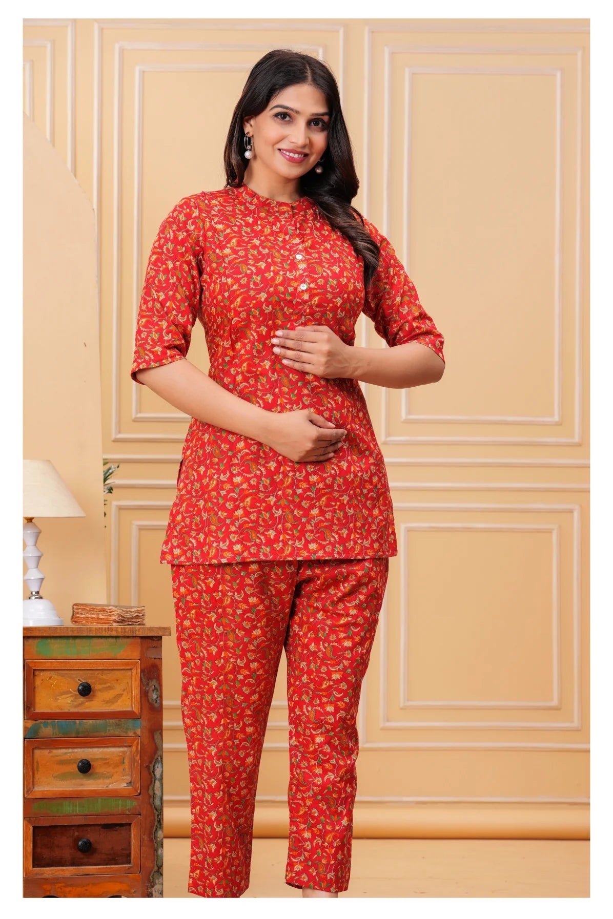 Women’s Maternity Feeding Cord Set | Floral Printed Nursing Co-Ord Set (Red)